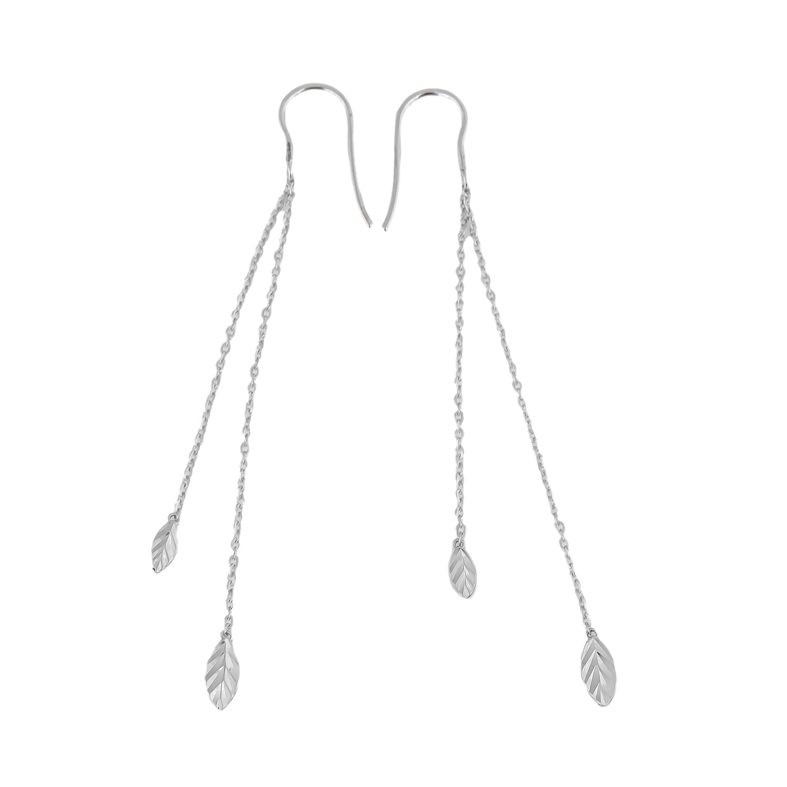 Silver feather earrings on a white background