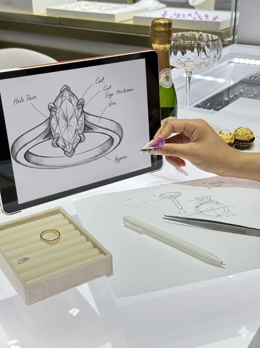 Custom ring design consultation with a sketch on a tablet, jewelry tools, champagne, and a display tray