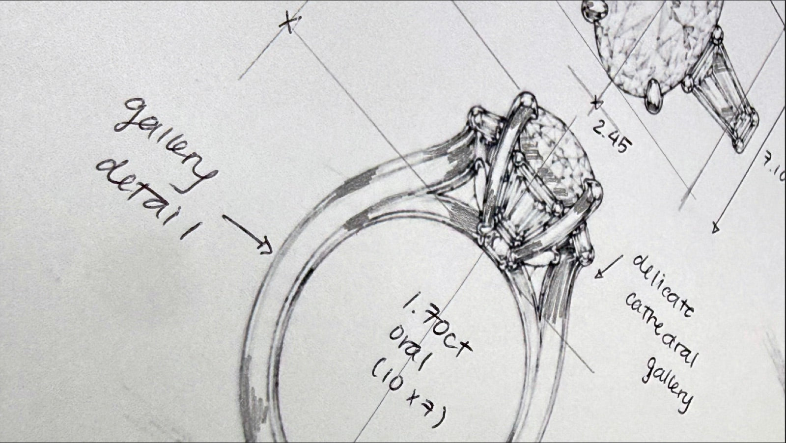 Custom design — sketches and a finished ring at the bench