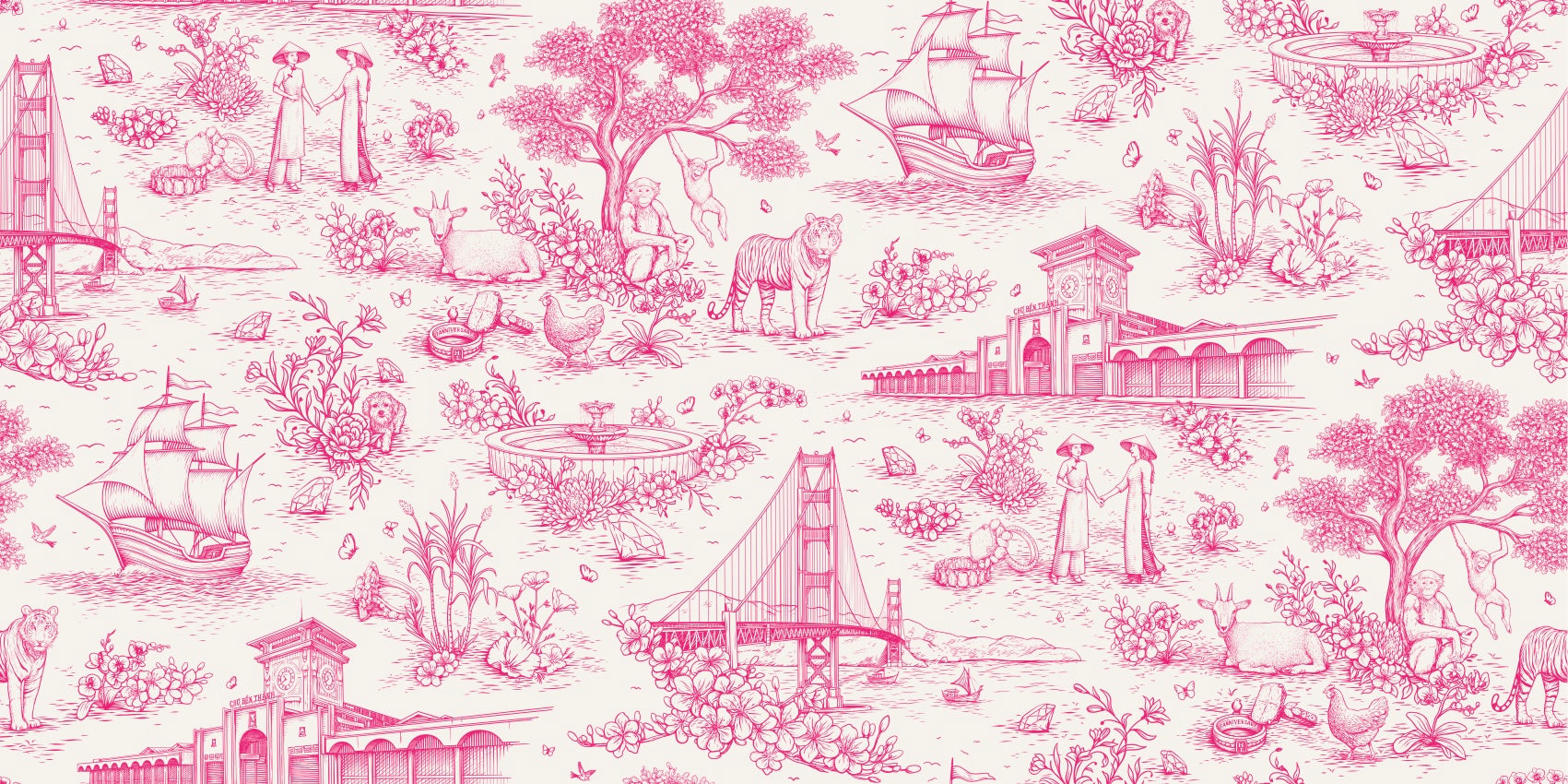 Hung Phat Toile de Jouy pattern with family symbols, Vietnamese landmarks, California landmarks, flowers, zodiac animals, and jewelry